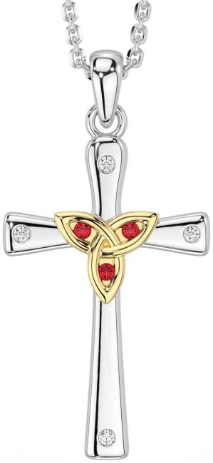 Diamond Ruby Gold Silver Celtic Cross Trinity Knot Necklace