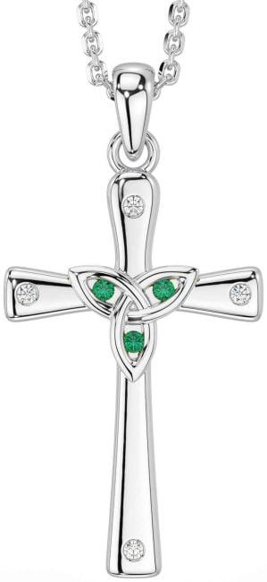 Diamond Emerald White Gold Celtic Cross Trinity Knot Necklace