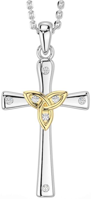 Diamond White Yellow Gold Celtic Cross Trinity Knot Necklace