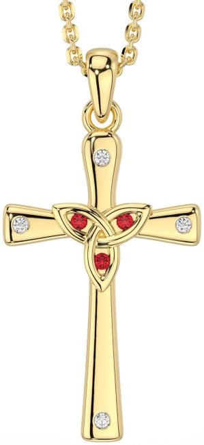 Diamond Ruby Gold Celtic Cross Trinity Knot Necklace