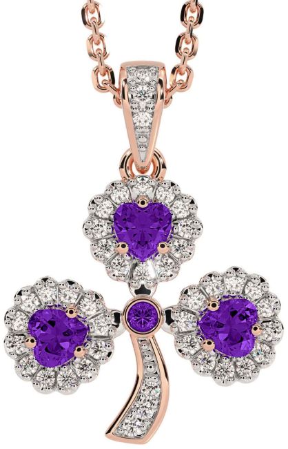 Diamond Amethyst Rose Gold Silver Shamrock Necklace
