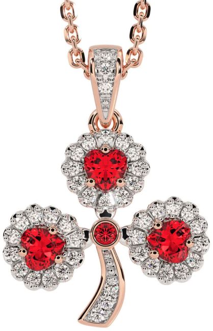 Diamond Ruby Rose Gold Silver Shamrock Necklace