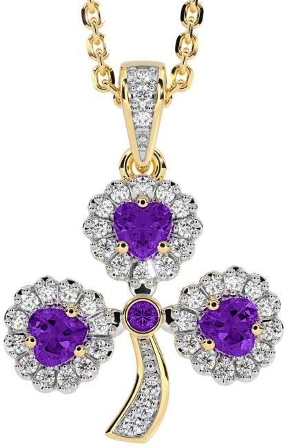 Diamond Amethyst Gold Silver Shamrock Necklace