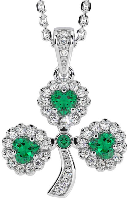 Diamond Emerald Silver Shamrock Necklace