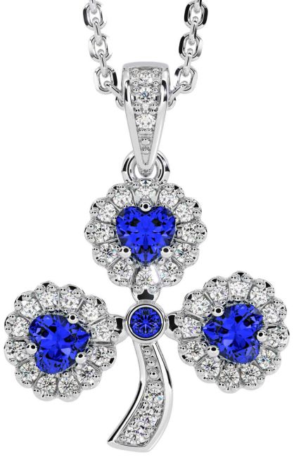 Diamond Sapphire Silver Shamrock Necklace