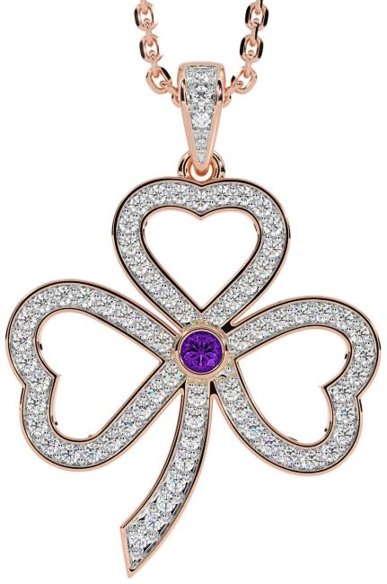 Diamond Amethyst Rose Gold Silver Shamrock Necklace