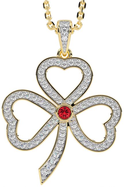 Diamond Ruby Gold Silver Shamrock Necklace