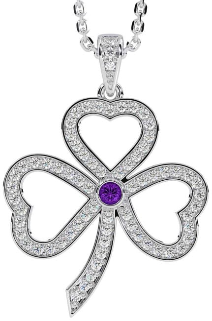 Diamond Amethyst White Gold Shamrock Necklace