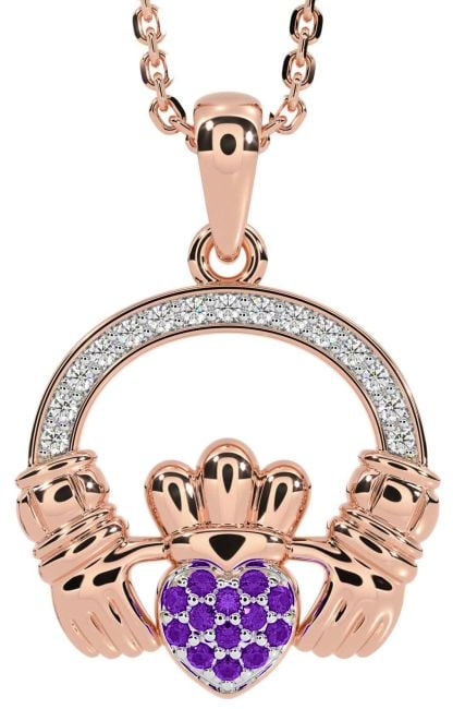 Diamond Amethyst Rose Gold Silver Claddagh Necklace