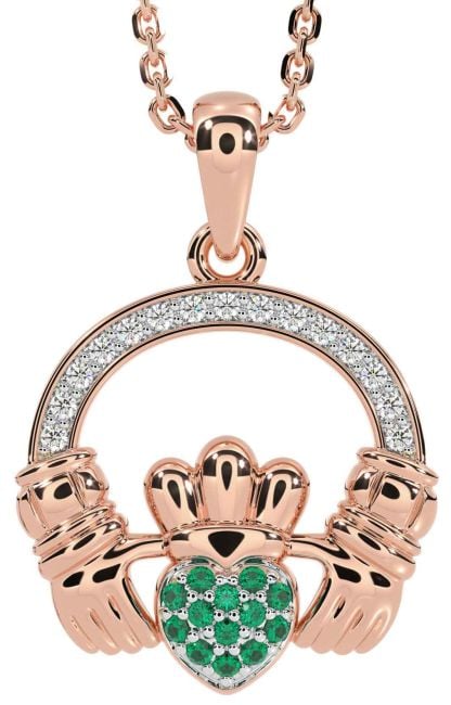 Diamond Emerald Rose Gold Silver Claddagh Necklace