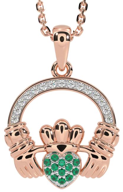 Diamond Emerald Rose Gold Claddagh Necklace