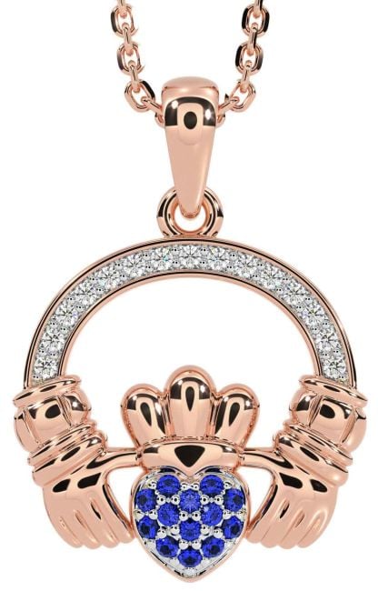 Diamond Sapphire Rose Gold Claddagh Necklace