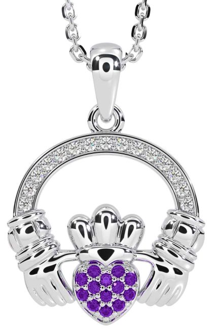 Diamond Amethyst White Gold Claddagh Necklace