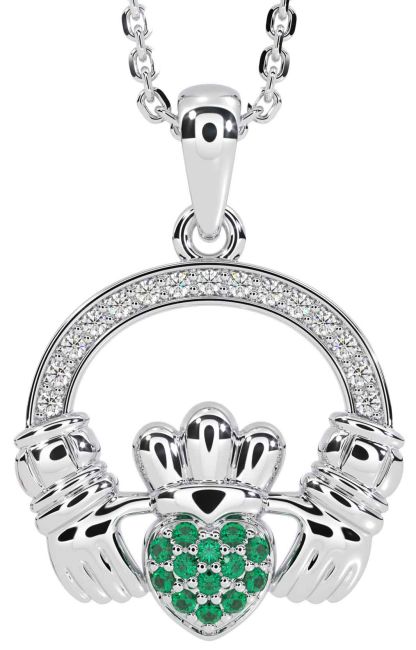 Diamond Emerald White Gold Claddagh Necklace