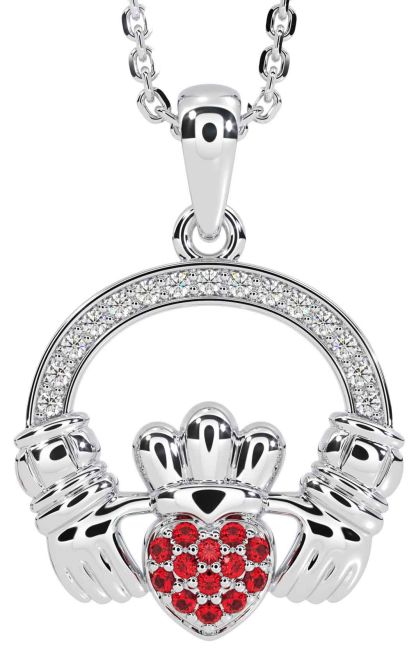 Diamond Ruby White Gold Claddagh Necklace