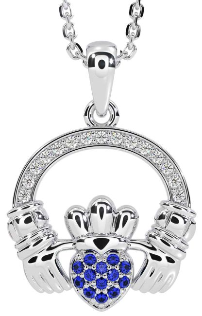 Diamond Sapphire White Gold Claddagh Necklace