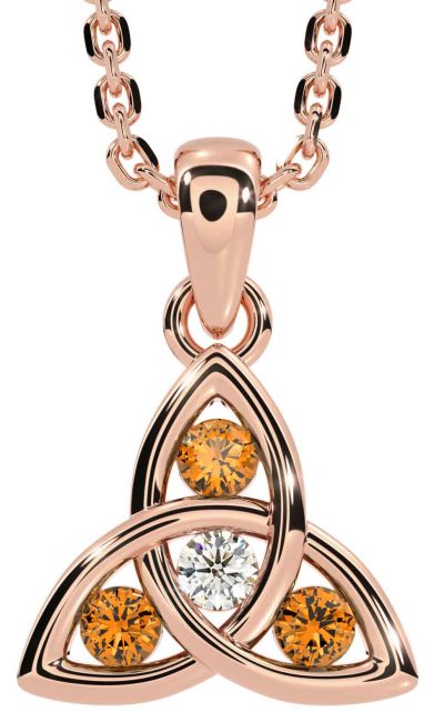 Diamond Citrine Rose Gold Silver Celtic Trinity Knot Necklace