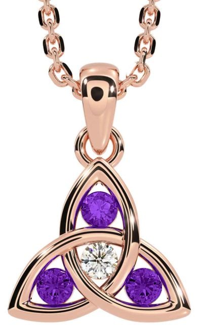 Diamond Amethyst Rose Gold Celtic Trinity Knot Necklace