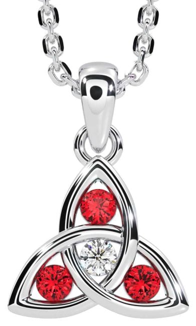 Diamond Ruby Silver Celtic Trinity Knot Necklace