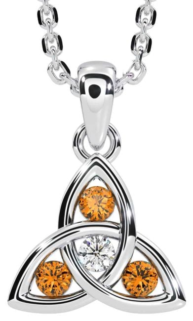 Diamond Citrine White Gold Celtic Trinity Knot Necklace