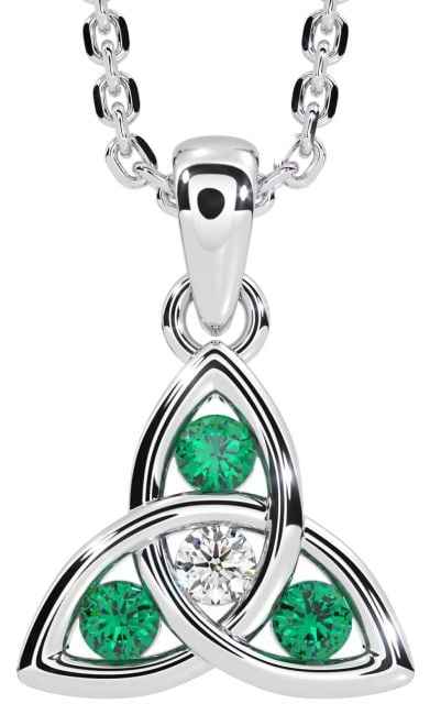 Diamond Emerald White Gold Celtic Trinity Knot Necklace