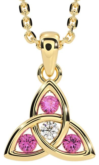 Diamond Pink Tourmaline Gold Celtic Trinity Knot Necklace