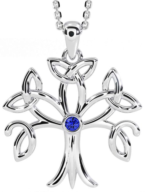 Sapphire White Gold Celtic Tree of Life Trinity Knot Necklace