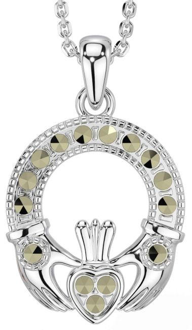 Marcasite White Gold Claddagh Necklace