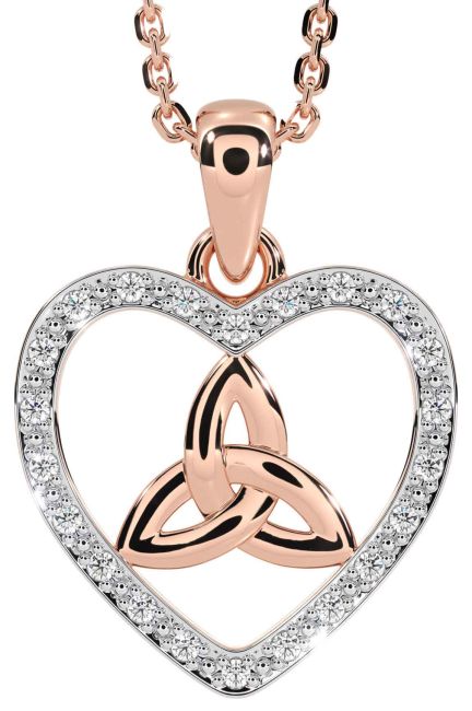 Diamond Rose Gold Silver Celtic Trinity Knot Heart Necklace