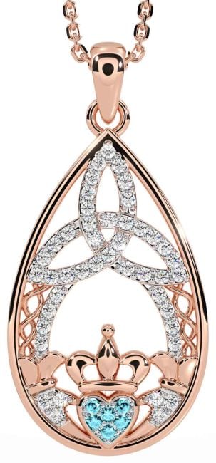 Diamond Aquamarine Rose Gold Silver Claddagh Celtic Trinity Knot Necklace