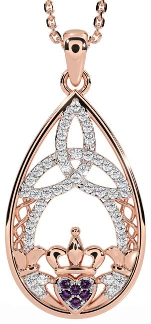 Diamond Alexandrite Rose Gold Silver Claddagh Celtic Trinity Knot Necklace