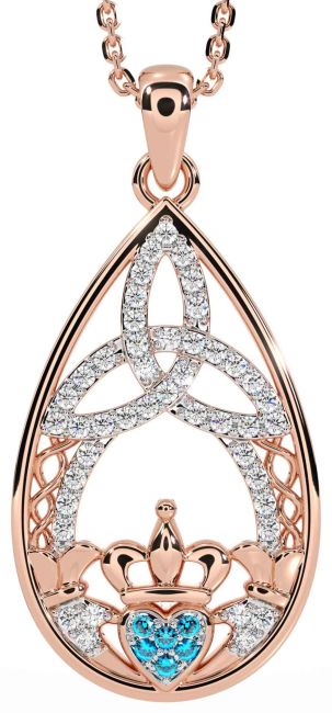 Diamond Topaz Rose Gold Silver Claddagh Celtic Trinity Knot Necklace