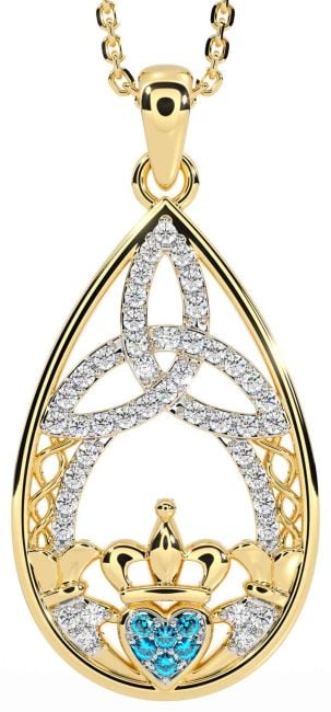 Diamond Topaz Gold Silver Claddagh Celtic Trinity Knot Necklace