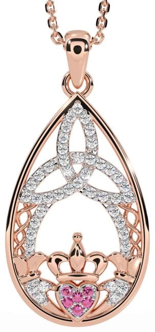 Diamond Pink Tourmaline Rose Gold Claddagh Celtic Trinity Knot Necklace