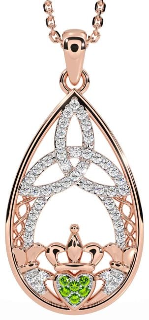 Diamond Peridot Rose Gold Claddagh Celtic Trinity Knot Necklace