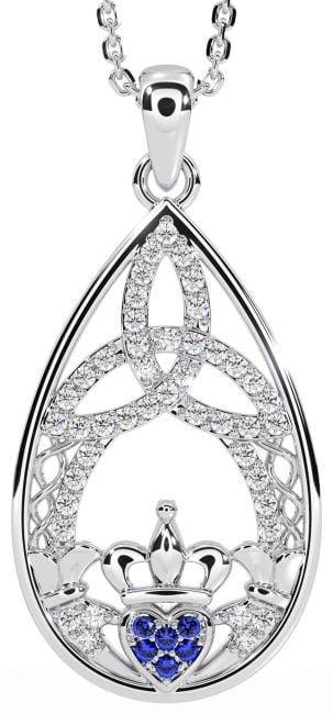 Diamond Sapphire Silver Claddagh Celtic Trinity Knot Necklace