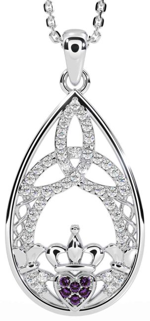 Diamond Alexandrite White Gold Claddagh Celtic Trinity Knot Necklace