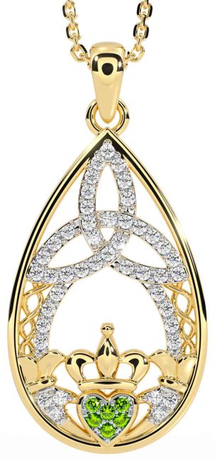 Diamond Peridot Gold Claddagh Celtic Trinity Knot Necklace