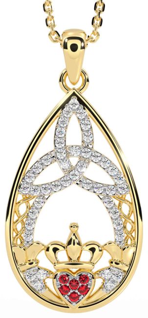 Diamond Ruby Gold Claddagh Celtic Trinity Knot Necklace