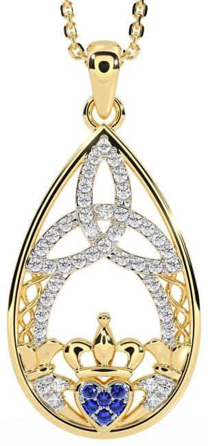 Diamond Sapphire Gold Claddagh Celtic Trinity Knot Necklace