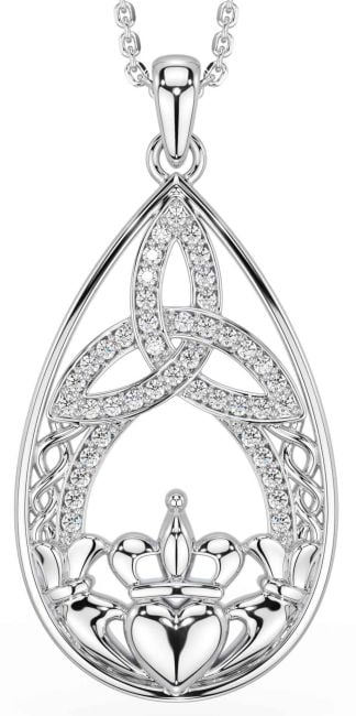 Diamond Silver Celtic Claddagh Trinity Knot Necklace