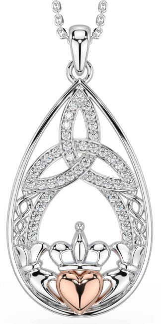 Diamond Rose Gold Silver Celtic Claddagh Trinity Knot Necklace