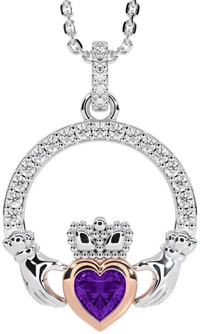 Diamond Amethyst Rose Gold Silver Claddagh Necklace