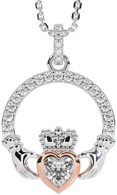 Diamond Rose Gold Silver Claddagh Necklace