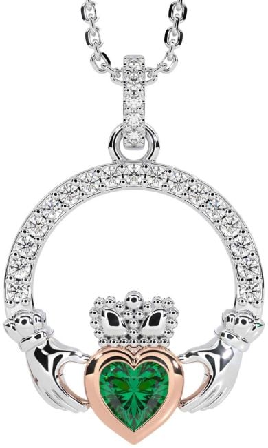 Diamond Emerald Rose Gold Silver Claddagh Necklace