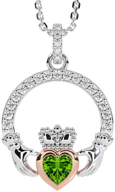 Diamond Peridot Rose Gold Silver Claddagh Necklace