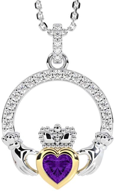 Diamond Amethyst Gold Silver Claddagh Necklace