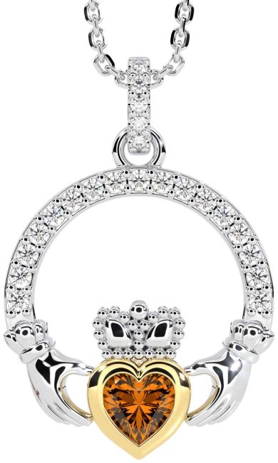 Diamond Citrine Gold Silver Claddagh Necklace
