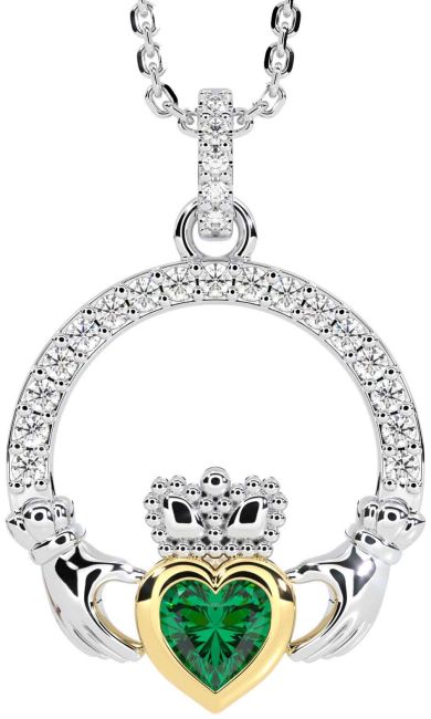 Diamond Emerald Gold Silver Claddagh Necklace