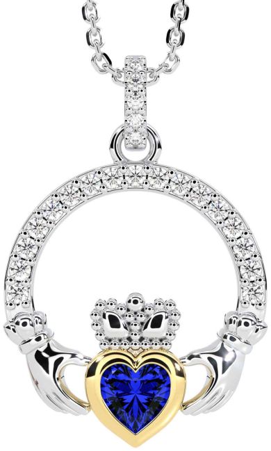Diamond Sapphire Gold Silver Claddagh Necklace